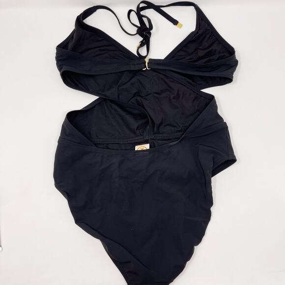 Tory Burch Solid Wrap One Piece Swimsuit Black XSmall XS Halter Neck Cut Outs - Picture 2 of 9